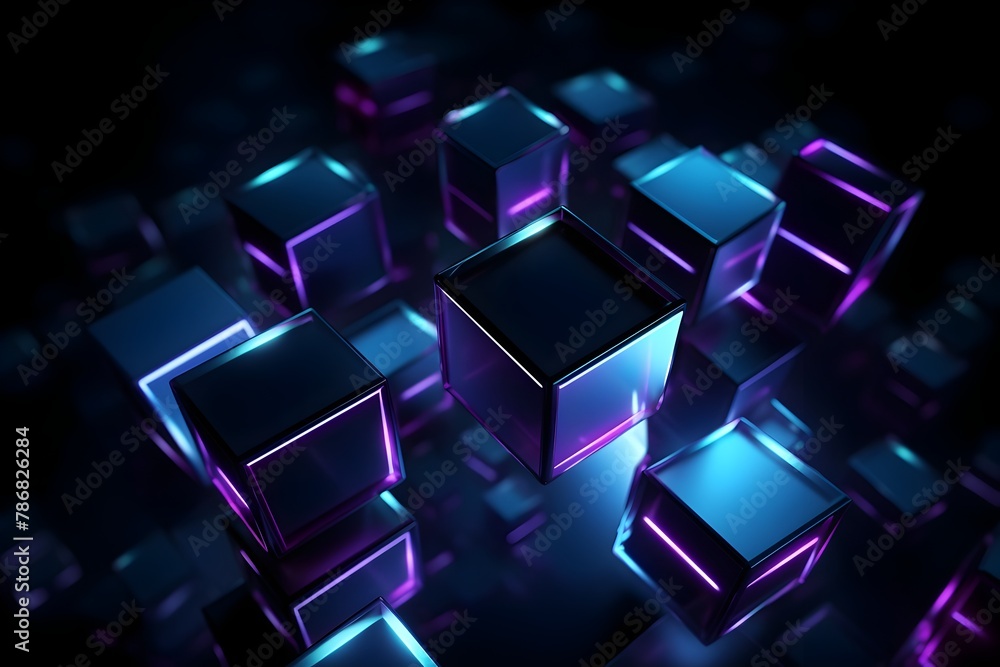 Glowing Futuristic Data Cubes in Vibrant Electric Purple and Blue Hues Against a Dark Atmospheric Backdrop Glowing Futuristic Data Cubes in Vibrant Electric Purple and Blue Hues Against a Dark Atmospheric Backdrop