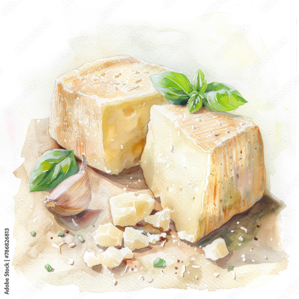 Set of cheese of different kinds, moldy, sliced, whole. Watercolor illustration on white background. Food and gastronomy.