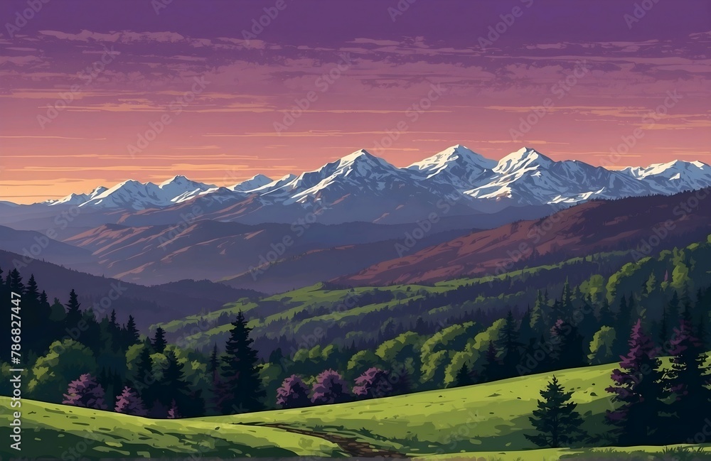 Panoramic view of mountain landscape with forest and hill under violet sky with dawn and clouds - vector