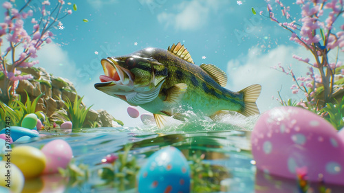 Creating an immersive AR experience where users can interact with a lifelike AI-generated largemouth bass as it leaps out of virtual water, surrounded by Easter-themed elements