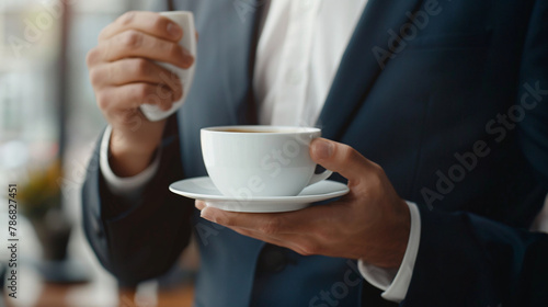 Close-up of Businessman Holding a Cup of Coffee