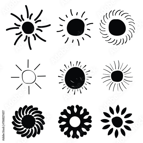 vector set of elements, hand drawn sun icon on white background
