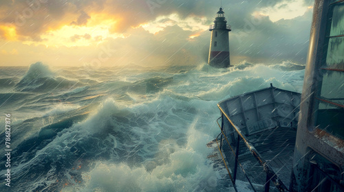 Illustration of sea landscape. Lighthouse in rainy weather and a ship. photo