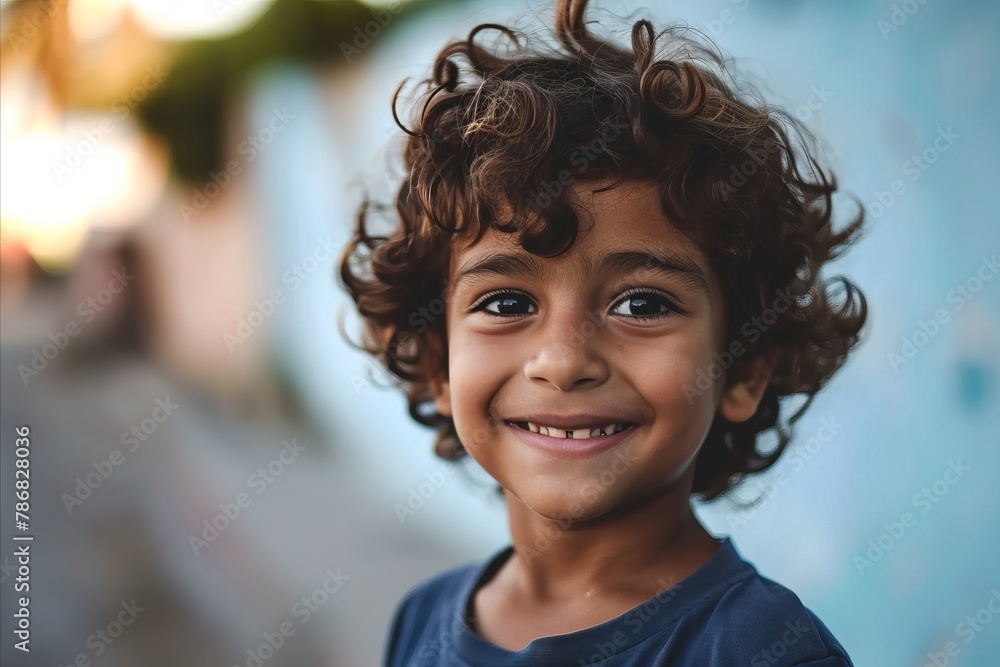 Portrait of a cute little boy with curly hair smiling at the camera Portrait of a cute little boy with curly hair smiling at the camera