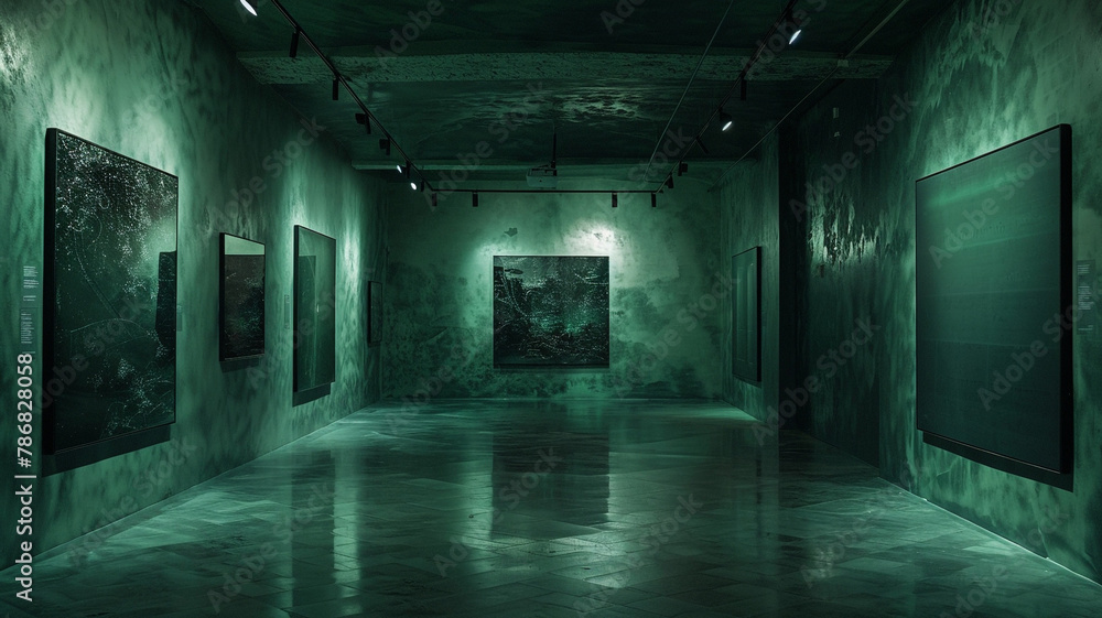 Deep emerald shadows concealing enigmatic artworks in a dimly lit exhibition space.