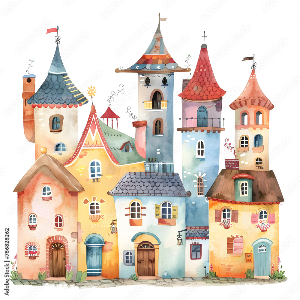 Watercolor fairy tale town with cute houses.