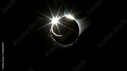 Brilliant solar eclipse with dramatic setting. A stunning view of a solar eclipse surrounded by powerful sunbeams, rays piercing through a dynamic setting, symbolizing awe and wonder © MiniMaxi