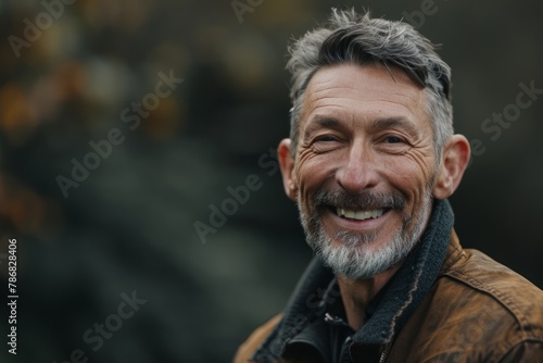 Portrait of a happy senior man with white beard and gray hair smiling at the camera outdoors.