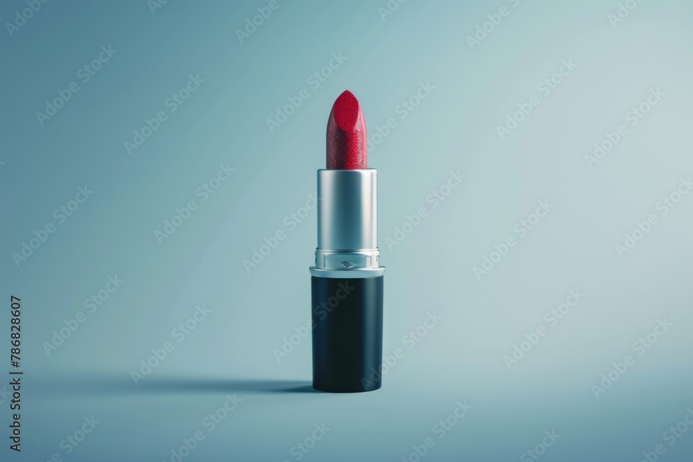 Vibrant Red Lipstick with Glossy Finish on Elegant Blue Background, Professional Beauty Product Photography for Cosmetics Marketing Vibrant Red Lipstick with Glossy Finish on Elegant Blue Background, Professional Beauty Product Photography for Cosmetics Marketing