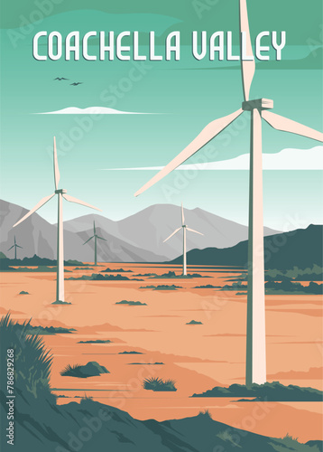 Coachella Valley vintage travel poster in spring season illustration design, windmill illustration poster design. © linimasa