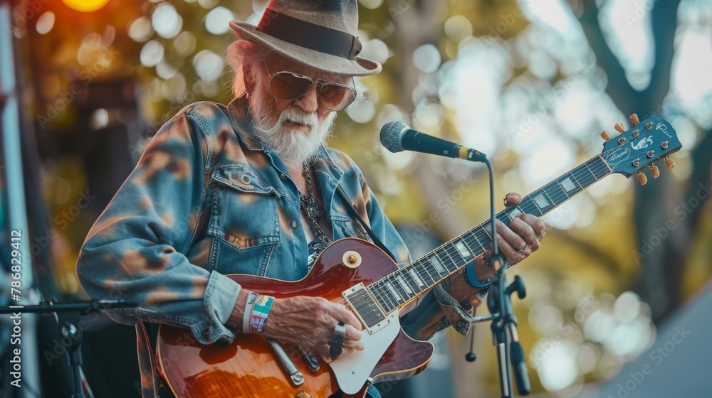 Fototapeta premium Elderly man performing a rock guitar solo on stage at a music festival