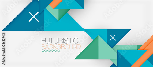 The futuristic background features azure, electric blue, and aqua triangles and rectangles on a white backdrop. Symmetrical patterns of lines and circles add a dynamic touch