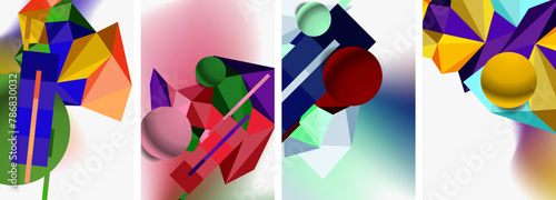 A vibrant collage of colorful geometric shapes featuring magenta, electric blue, and plastic elements on a white background. A visually stimulating piece of visual arts