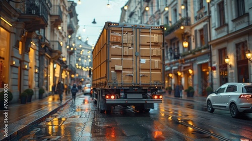 A delivery truck loaded with parcels embarks on its journey, symbolizing reliability and dependability. photo