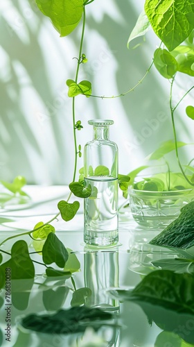 Tranquil Cica Oasis: A serene blend of lush greenery, calming water, and soft light, embodying the healing essence of Centella Asiatica (Cica). Ideal for skincare and wellness themes.