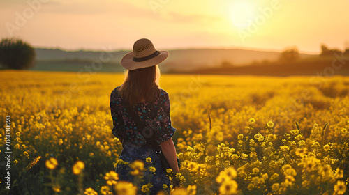 Young Woman Enjoying Summer and Nature in Yellow Flowers