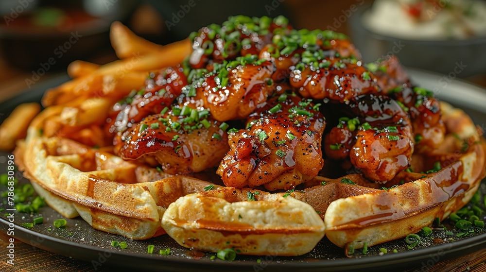 karaage chicken on waffle with fries and Mayo karaage chicken on waffle with fries and Mayo