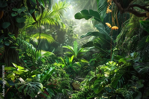 A lush  green forest with vibrant plants