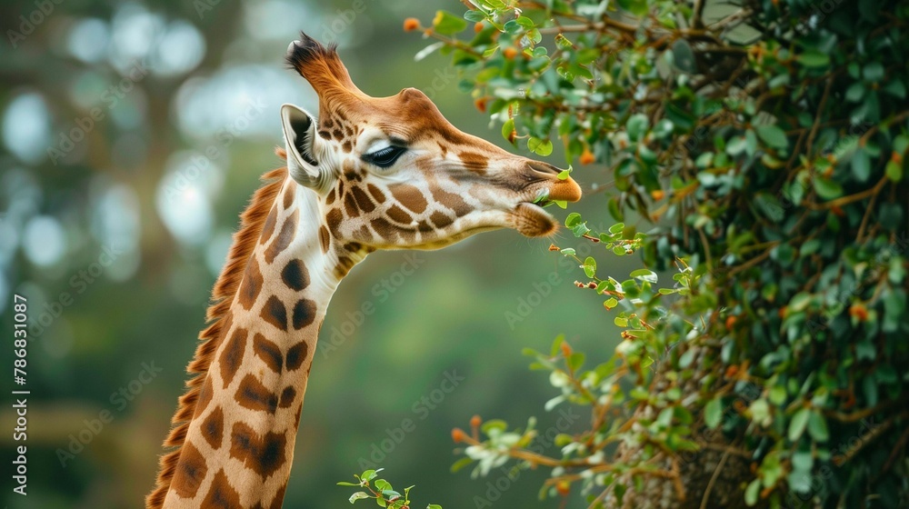 Giraffe extending its neck to eat leaves from a tall tree Giraffe extending its neck to eat leaves from a tall tree
