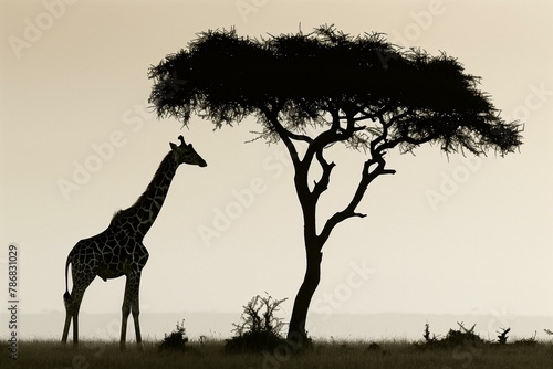 A giraffe stretching its long neck to reach the leaves of a tall tree silhouette against the sky
