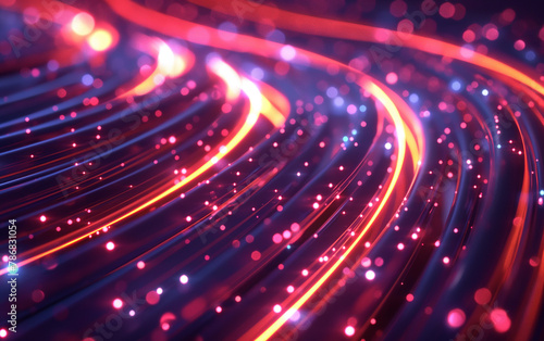 Glowing data fiber optic cables light while transferring data information, technology background. 