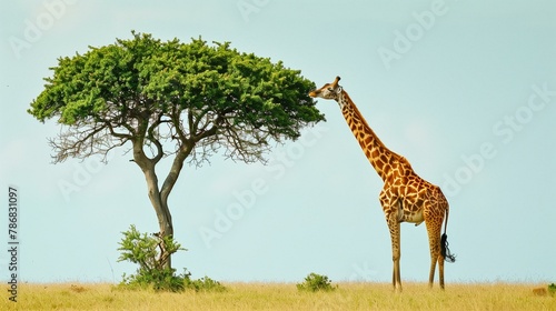 A giraffe is standing in front of a tree in a grassy field