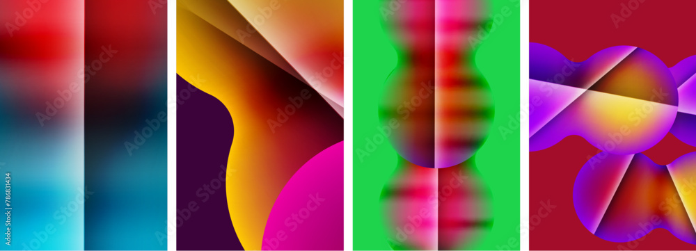 A colorful collage of abstract images with vibrant tints and shades on a green and red background, featuring petals, symmetrical patterns, and organic shapes