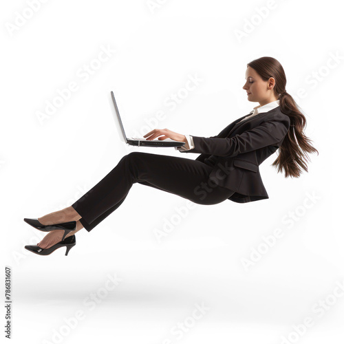 full body businesswoman laying in the air floating on transparency background PNG 