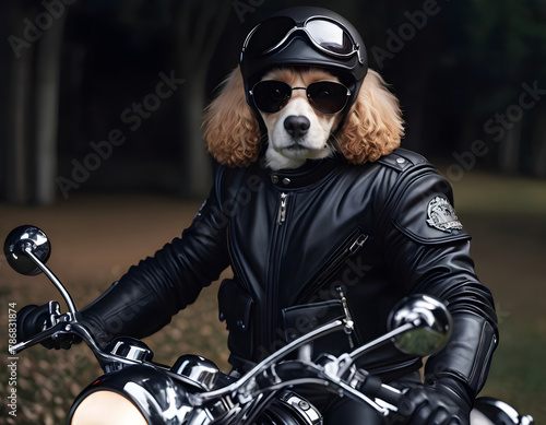 A brutal dog in sunglasses and a leather jacket rides a motorcycle outdoors. Generative AI. © Anna