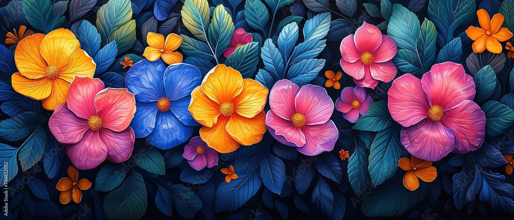 brightly colored flowers are arranged in a row on a black background brightly colored flowers are arranged in a row on a black background