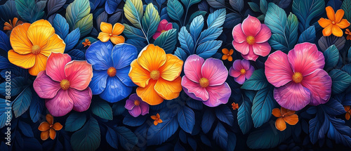brightly colored flowers are arranged in a row on a black background photo
