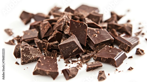 Dark chocolate pieces separated on a white backdrop