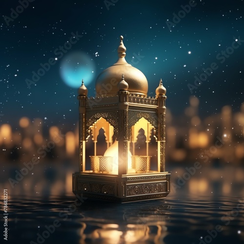 Eid mubarak and ramadan kareem greetings with islamic lantern and mosque. Eid al fitr background 