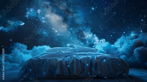 Comfortable bed enveloped in a celestial blanket of stars and soft moonlight, ideal for serene slumber
