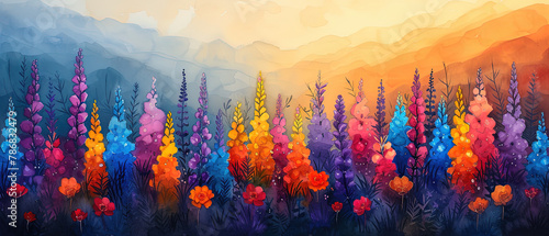 painting of a colorful field of flowers with mountains in the background photo