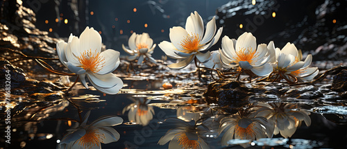 a many white flowers that are growing out of the water photo