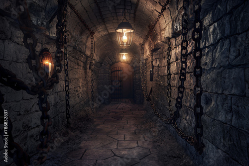 A dark, narrow tunnel with chains hanging from the ceiling © mila103