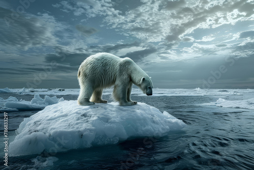 A polar bear is sitting on top of a large ice block