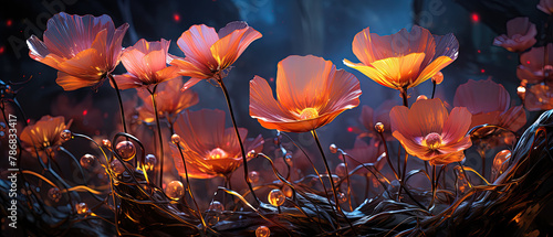 flowers in a field with a dark background and a light shining on them photo