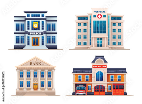 Set of city buildings. Police station, hospital, bank and fire station. Vector illustration