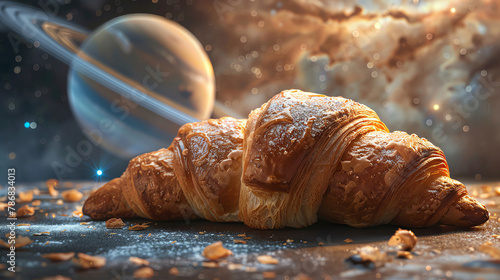 Detailed croissant with a space theme background, clear space,