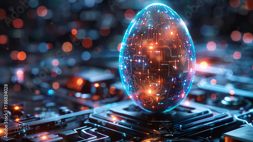 Digital art of a glowing egg with intricate circuit design,