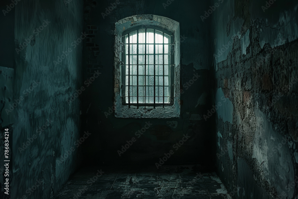 A dark, empty cell with a barred window A dark, empty cell with a barred window