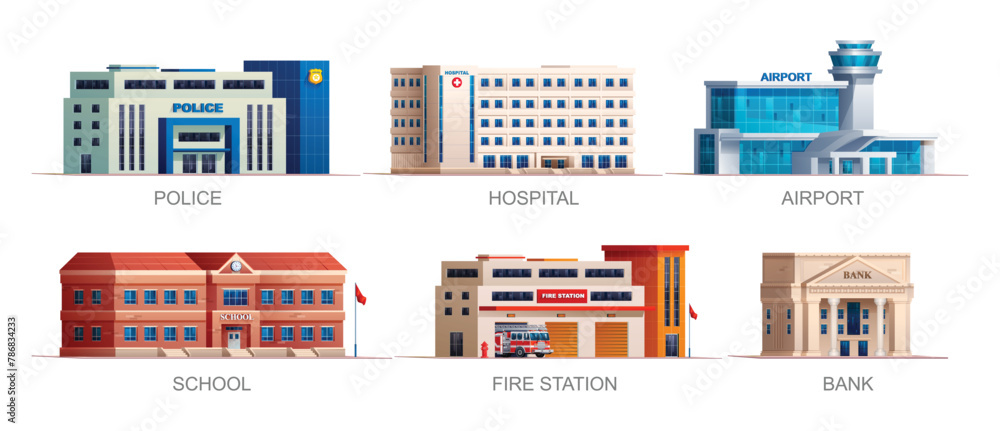 Set of city buildings. Police station, hospital, airport, school, fire station and bank. Vector illustration