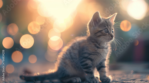 The background is blurred, with light shining from behind the little kitten photo