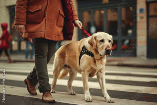 A woman is walking her dog on a crosswalk photo