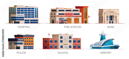 Set of city buildings. Hospital, fire station, bank, police station, school and airport. Vector illustration