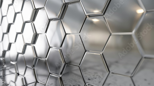A wall of hexagonal tiles with a metallic sheen