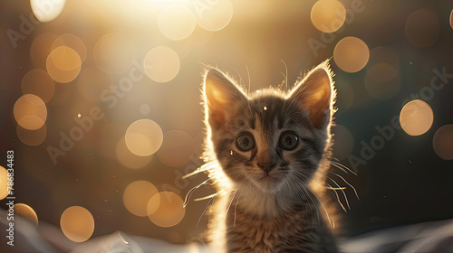 The background is blurred, with light shining from behind the little kitten