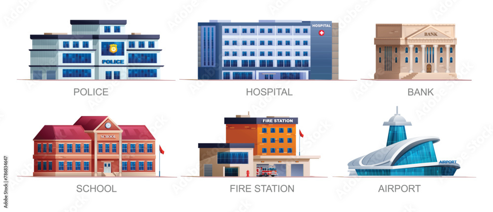 Set of city buildings. Police station, hospital, bank, school, fire station and airport. Vector illustration Set of city buildings. Police station, hospital, bank, school, fire station and airport. Vector illustration